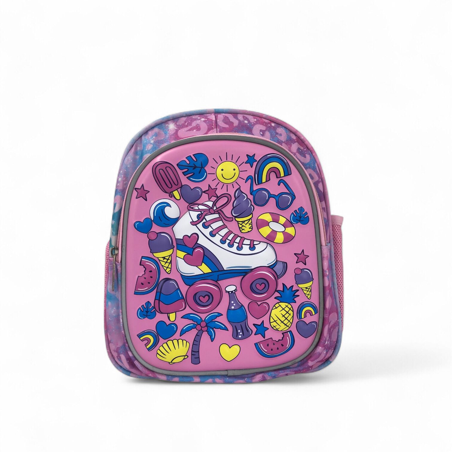 Kids backpack with large front roller skate character print, purple/pink and blue graphics